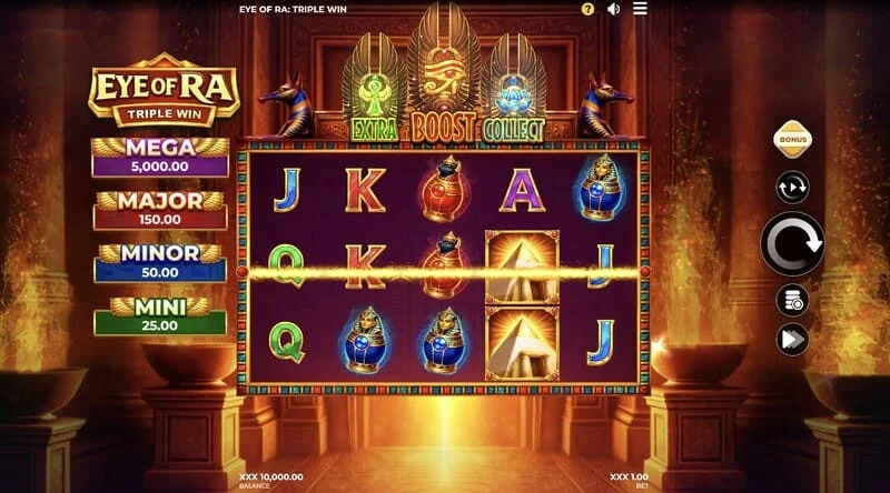 Eye of Ra Triple Win – hlavná herná obrazovka s piatimi valcami